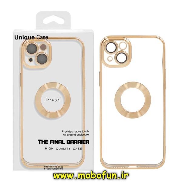 قاب گوشی iPhone 14 آیفون طرح الکتروپلیتینگ مگ سیف ژله ای شفاف اورجینال یونیک کیس Unique Case محافظ لنز دار طلایی کد 27